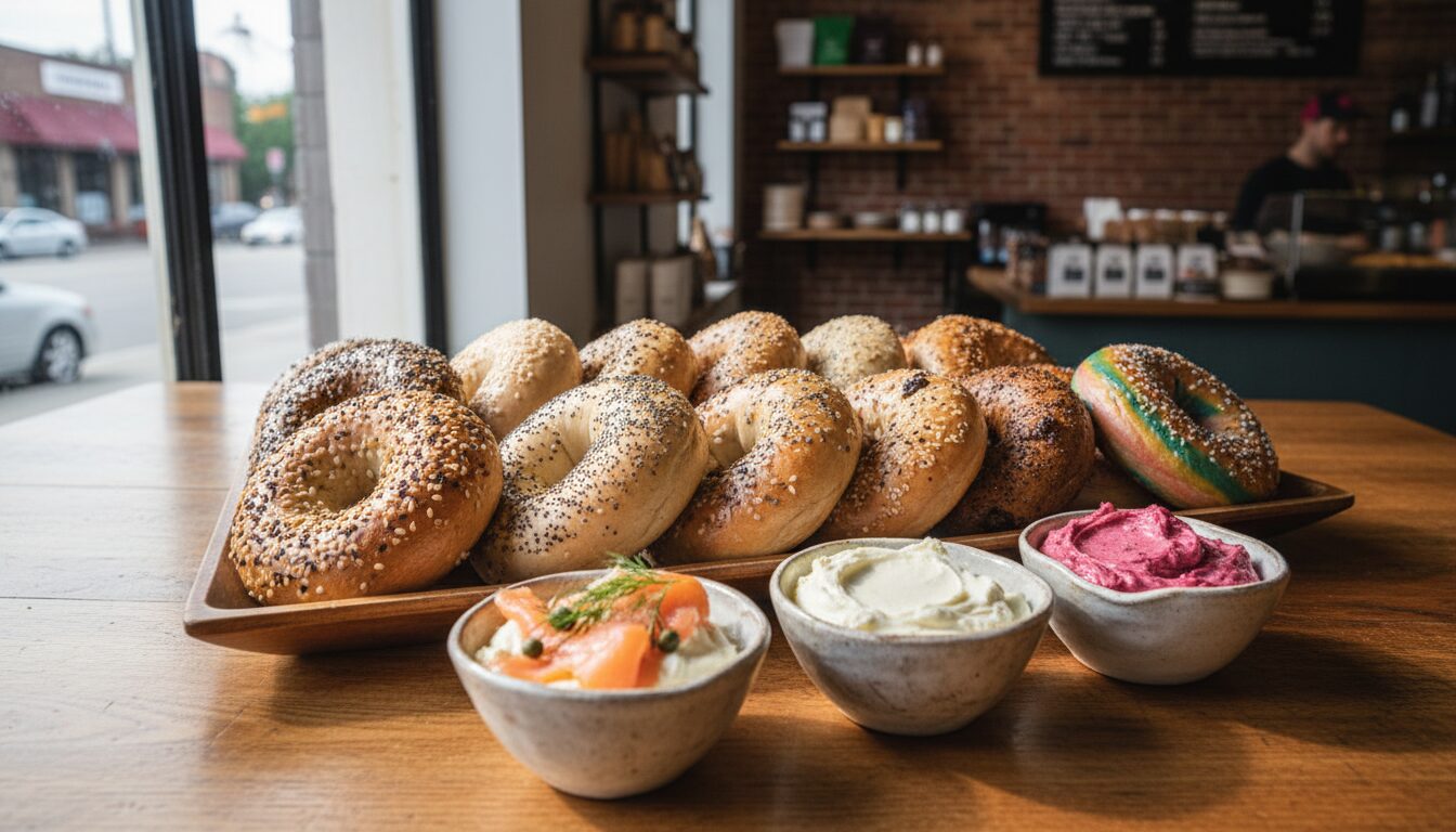 A wooden tray of freshly baked NY-style bagels in a dozen varieties at a Newton bagel shop, with cream cheese schmears in the foreground