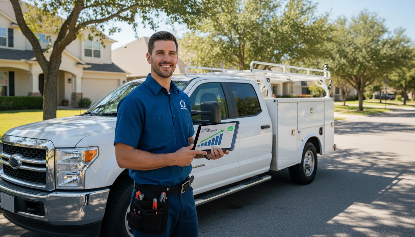 Confident contractor in clean work attire standing next to a service truck on a residential street, holding a tablet showing job-completion analytics