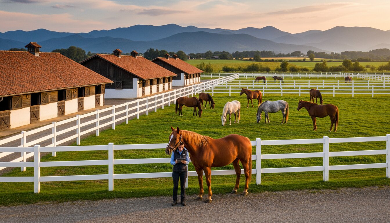Successful family-owned horse farm at golden hour with white paddock fencing, well-groomed horses, and rolling green fields