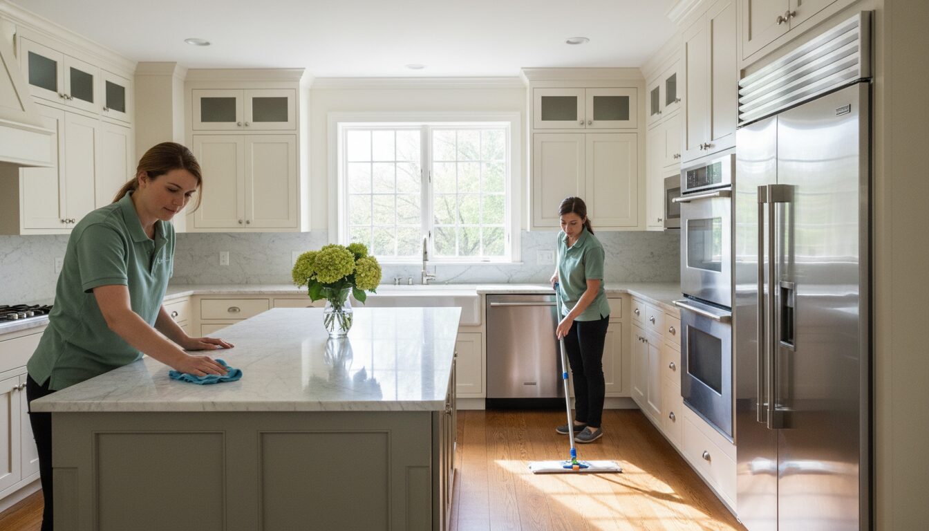 A two-person residential cleaning crew finishing a sunlit New England kitchen — wiping counters and mopping the floor