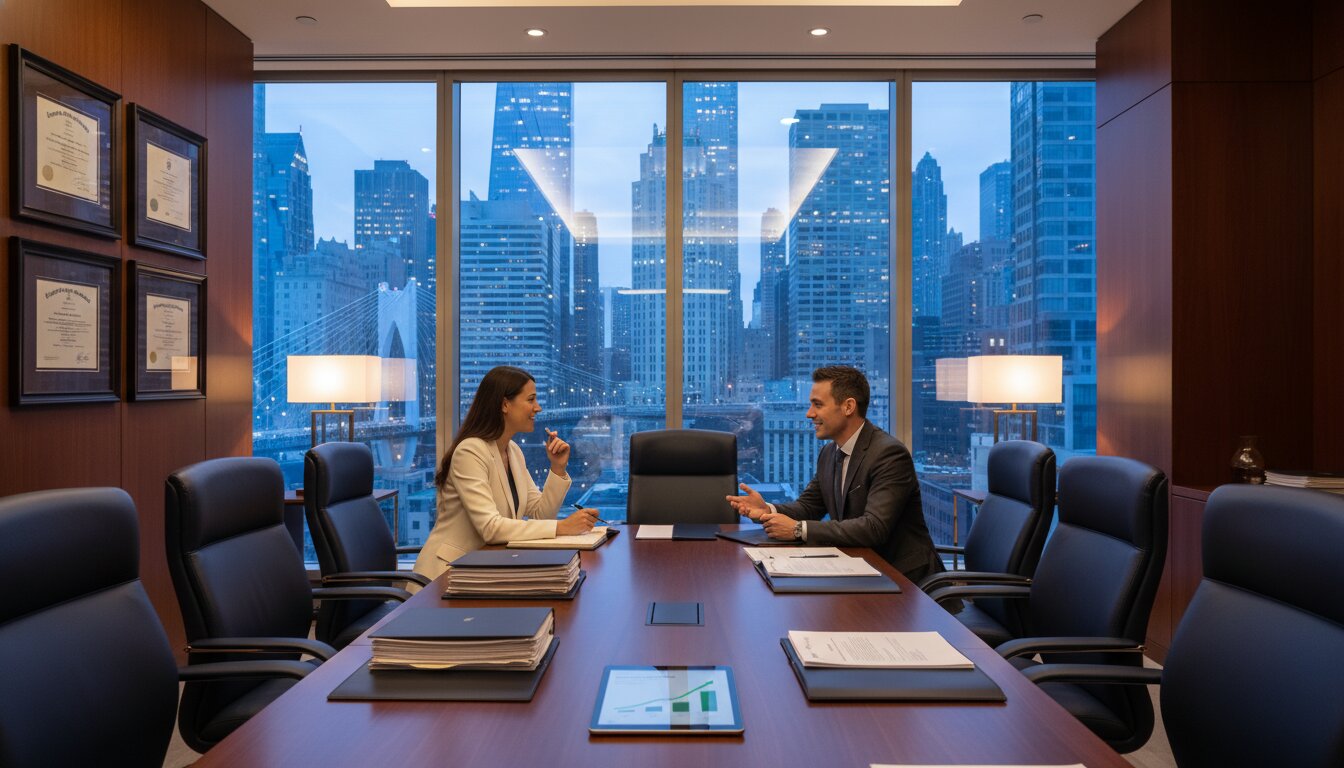 Attorney meeting with a client across a polished desk in a modern law firm conference room overlooking a city skyline