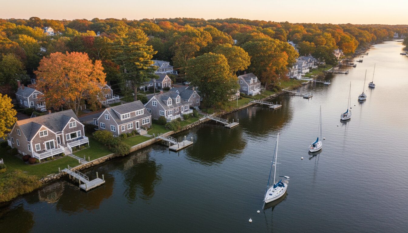 Coastal Connecticut shoreline at golden hour with shingle-style waterfront homes along a calm river